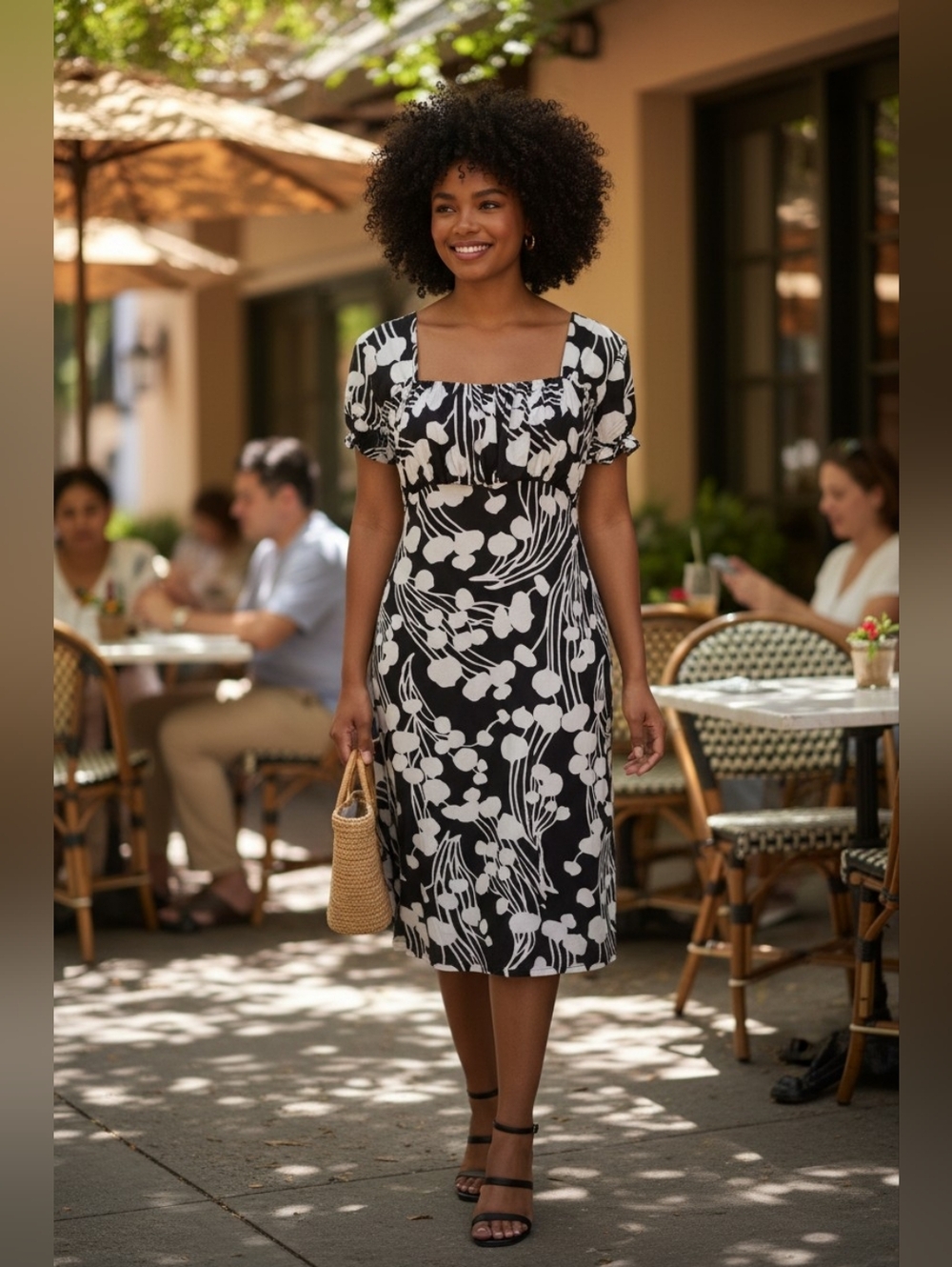 Madison Black and White Floral Midi Dress with Square Neck